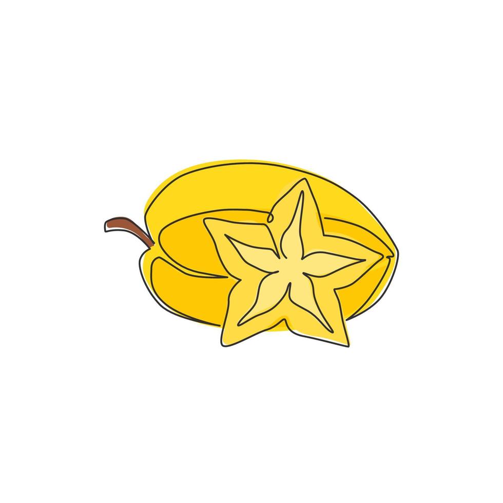 un dibujo de una sola línea de orgánicos saludables enteros para la identidad del logotipo del huerto de carambola. concepto de fruta de estrella fresca para el icono del jardín. Ilustración gráfica de vector de diseño de dibujo de línea continua moderna