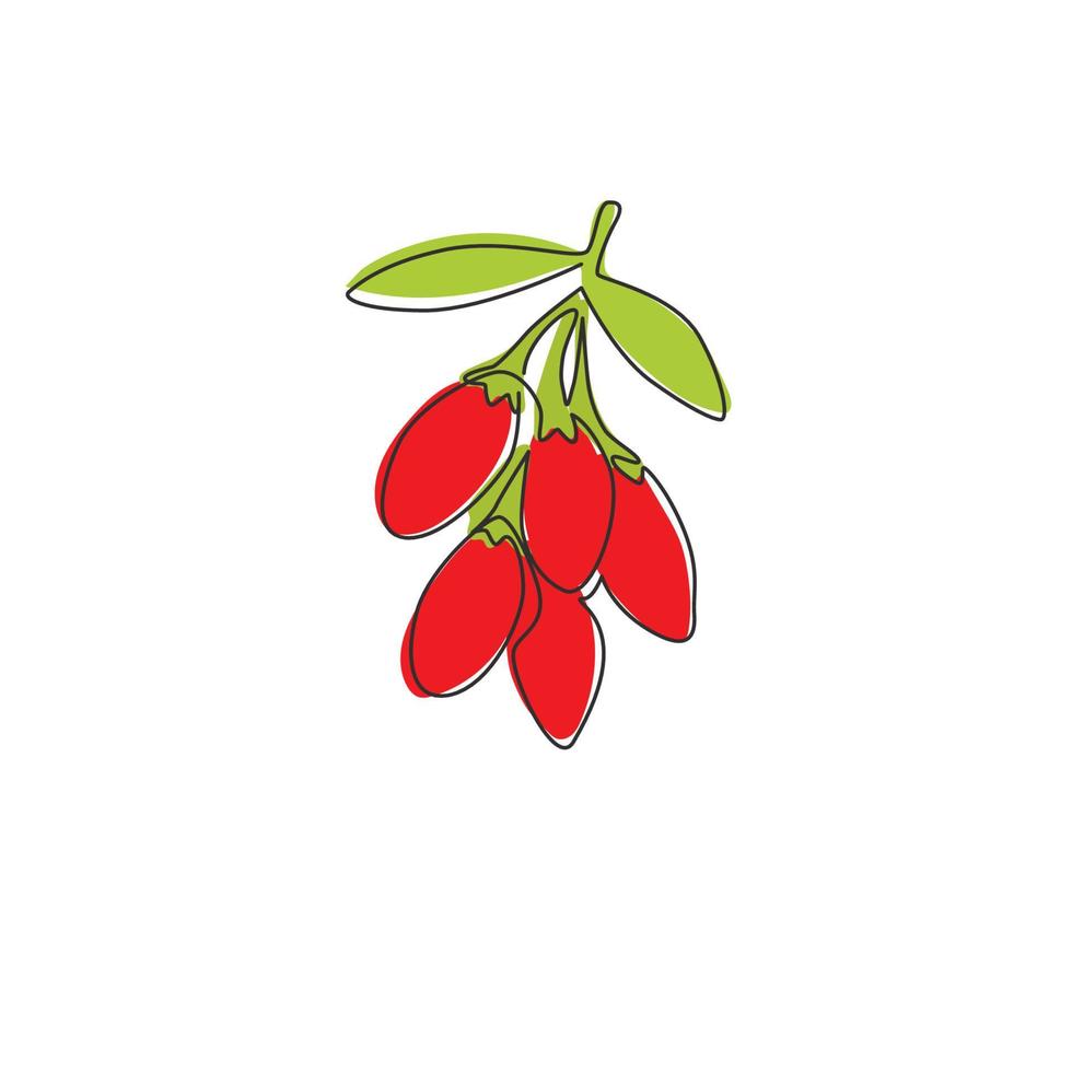 Single continuous line drawing of heap healthy organic goji berries for orchard logo identity. Fresh gojiberry fruitage concept for fruit garden icon. Modern one line draw design vector illustration