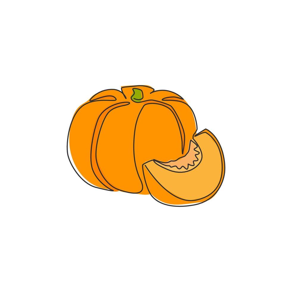 One single line drawing of whole round healthy organic pumpkin for orchard logo identity. Fresh seasonal fruitage concept for fruit garden icon. Modern continuous line draw design vector illustration