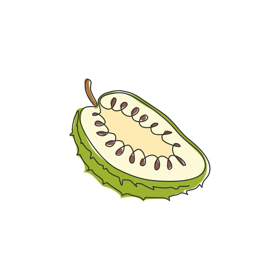 One single line drawing of half sliced  healthy organic soursop for orchard logo identity. Fresh tropical fruitage concept for fruit garden icon. Modern continuous line draw design vector illustration