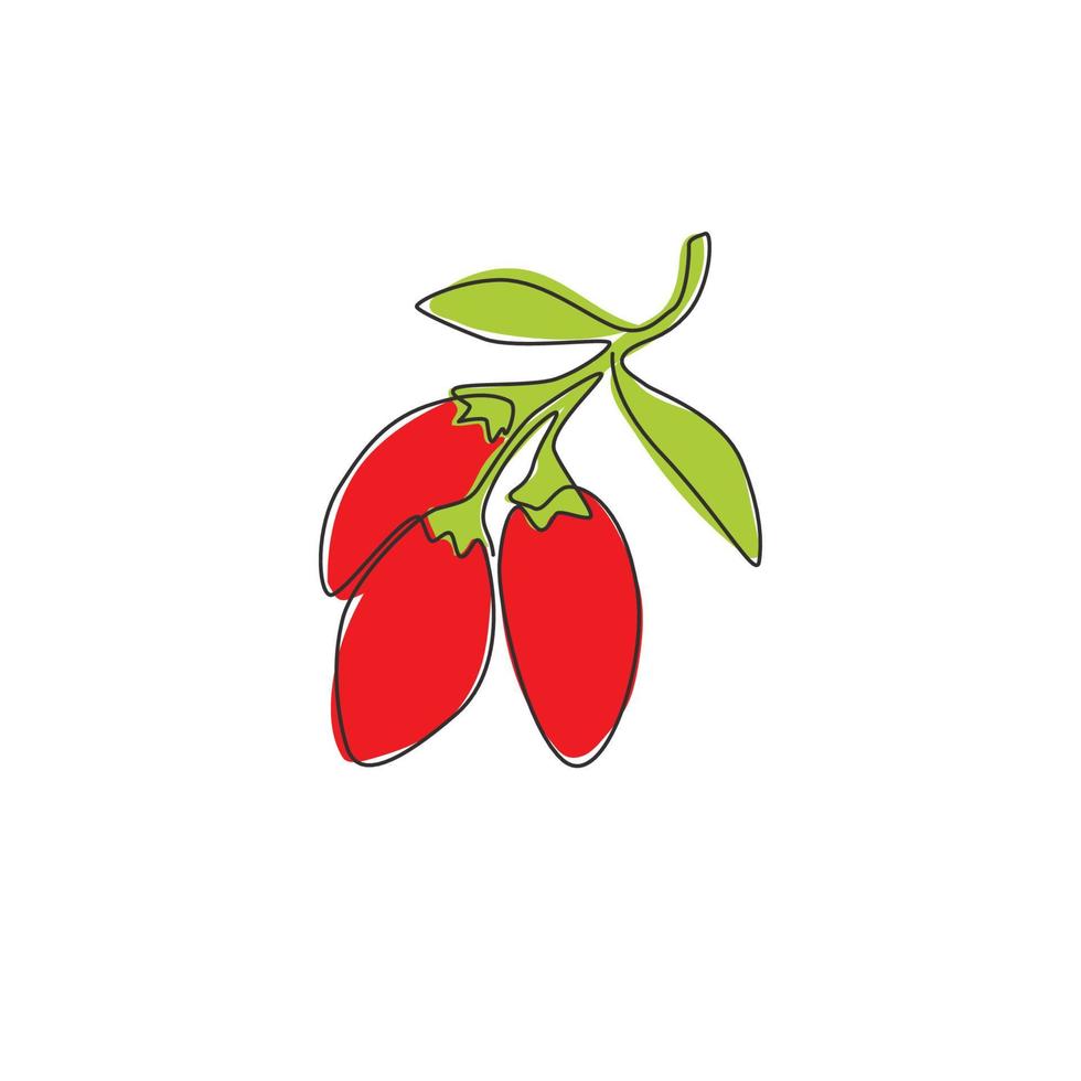 One continuous line drawing stack whole healthy organic goji berries for orchard logo identity. Fresh fruitage concept for fruit garden icon. Modern single line draw design vector graphic illustration