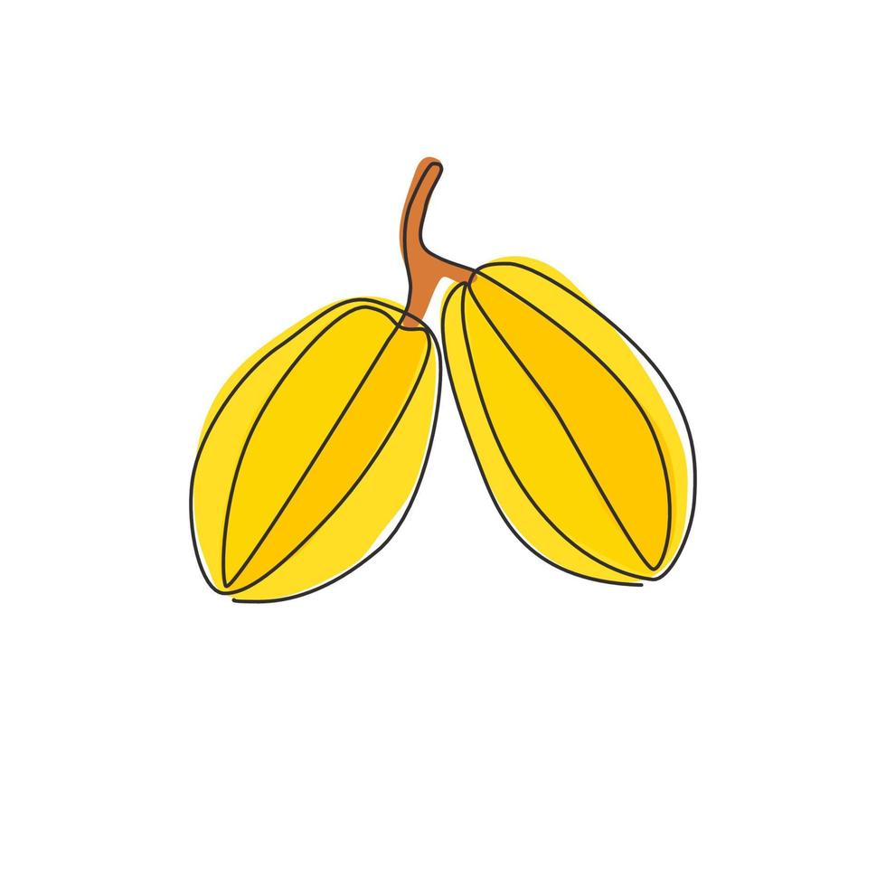 un dibujo de una sola línea de orgánicos saludables enteros para la identidad del logotipo del huerto de carambola. concepto de fruta de estrella fresca para el icono del jardín. Ilustración de vector de diseño de dibujo gráfico de línea continua moderna