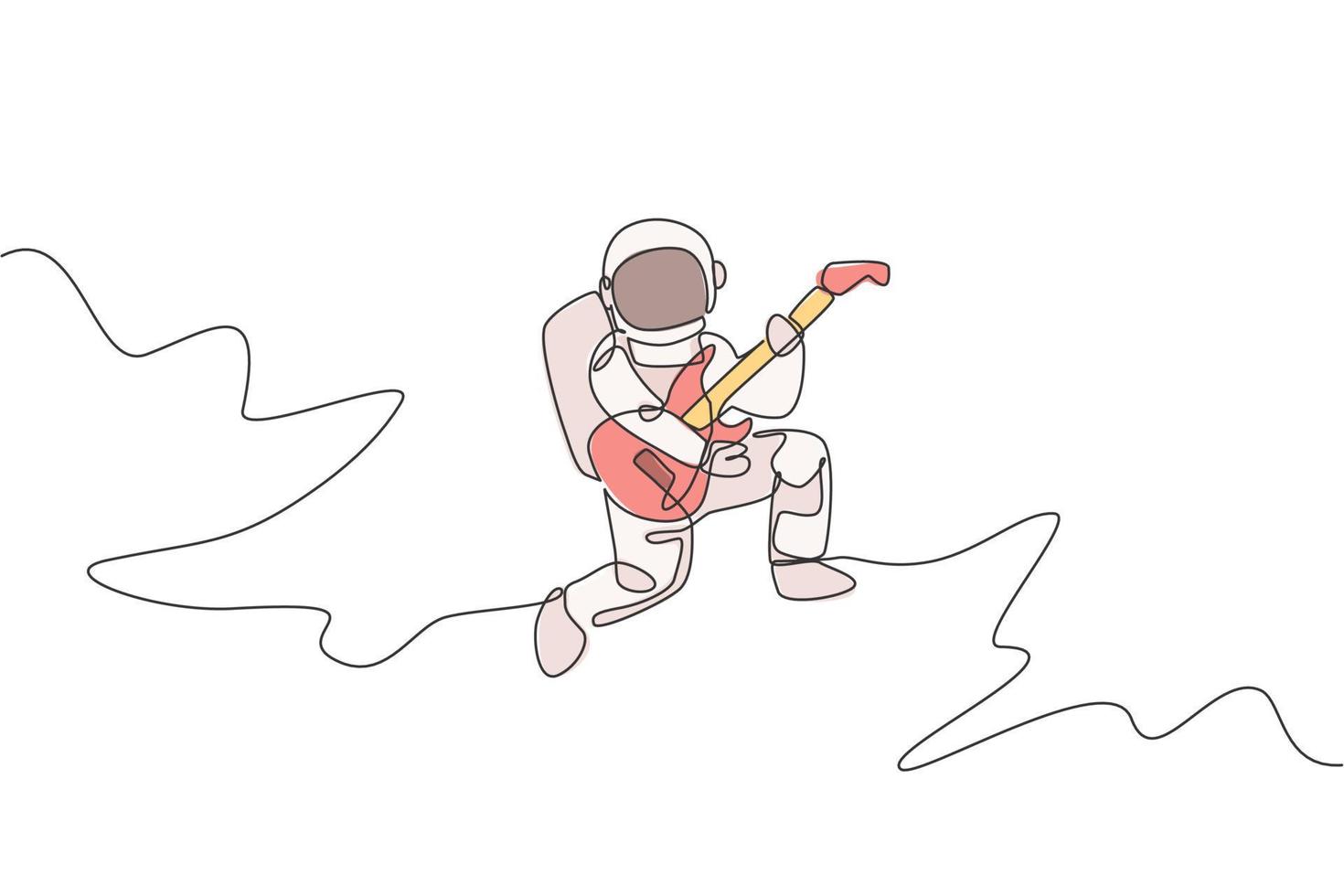 One continuous line drawing of astronaut with spacesuit playing acoustic guitar in galaxy universe. Outer space music concert  concept. Dynamic single line draw design vector illustration graphic