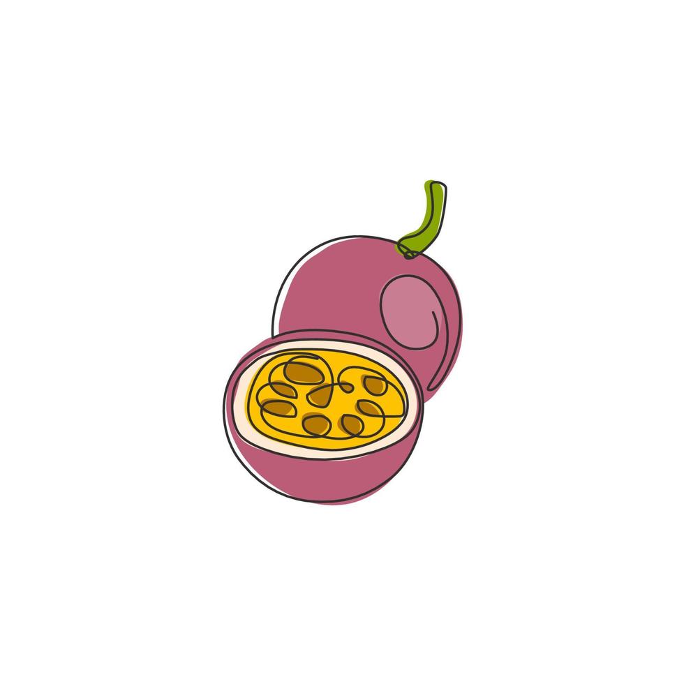 dibujo de línea continua única fruta de la pasión orgánica y saludable para la identidad del logotipo de huerto. concepto de frutas exóticas frescas para el icono de jardín de frutas. Ilustración gráfica de vector de diseño de dibujo de una línea moderna