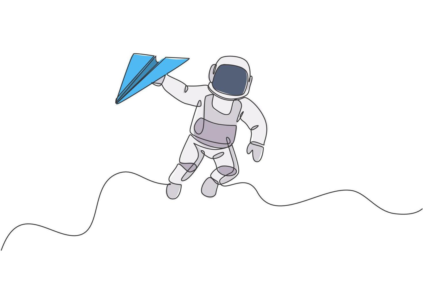 One continuous line drawing of cosmonaut exploring outer space. Astronaut holding paper plane. Fantasy cosmic galaxy discovery concept. Dynamic single line draw design vector illustration graphic