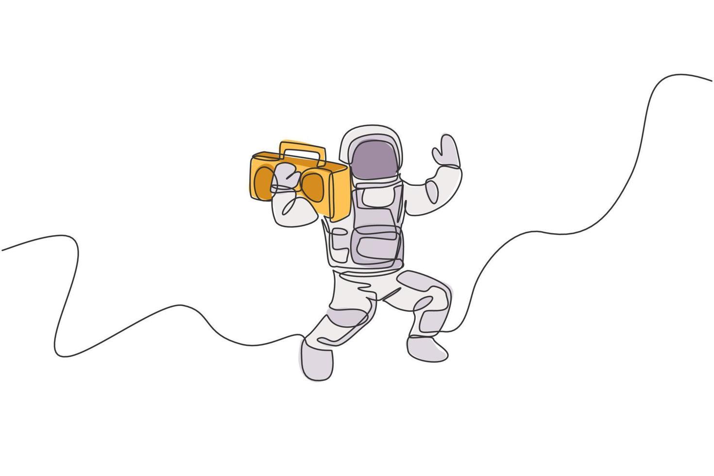 Single continuous line drawing of astronaut bringing vintage radio on shoulder in cosmic galaxy. Outer space music concert concept. Trendy one line draw design graphic vector illustration