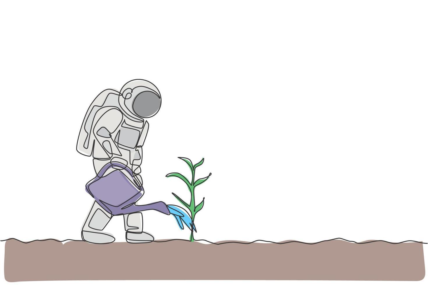 Single continuous line drawing cosmonaut watering plant tree using plastic watering can in moon surface. Galaxy astronaut farming life concept. Trendy one line draw design graphic vector illustration