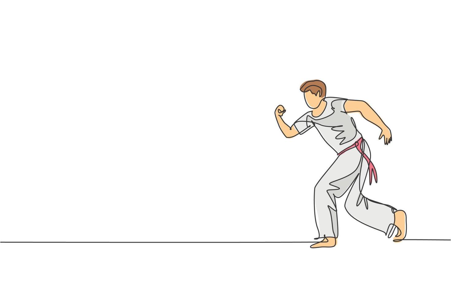 un dibujo de línea continua joven luchador deportivo brasileño entrenando capoeira en la playa. concepto de deporte de lucha tradicional saludable. Ilustración de vector de diseño gráfico de dibujo de línea única dinámica