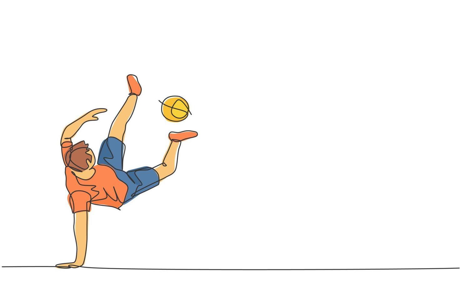 Single continuous line drawing of young sportive man train soccer freestyle, juggling with soles of the feet on the field. Football freestyler concept. Trendy one line draw design vector illustration