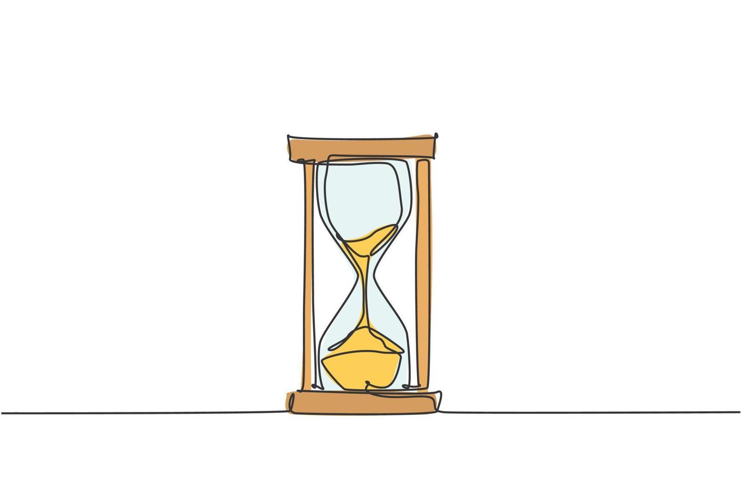 One continuous line drawing of old classic hourglass. Sand glass for showing deadline time at business metaphor concept. Trendy single line draw design vector graphic illustration