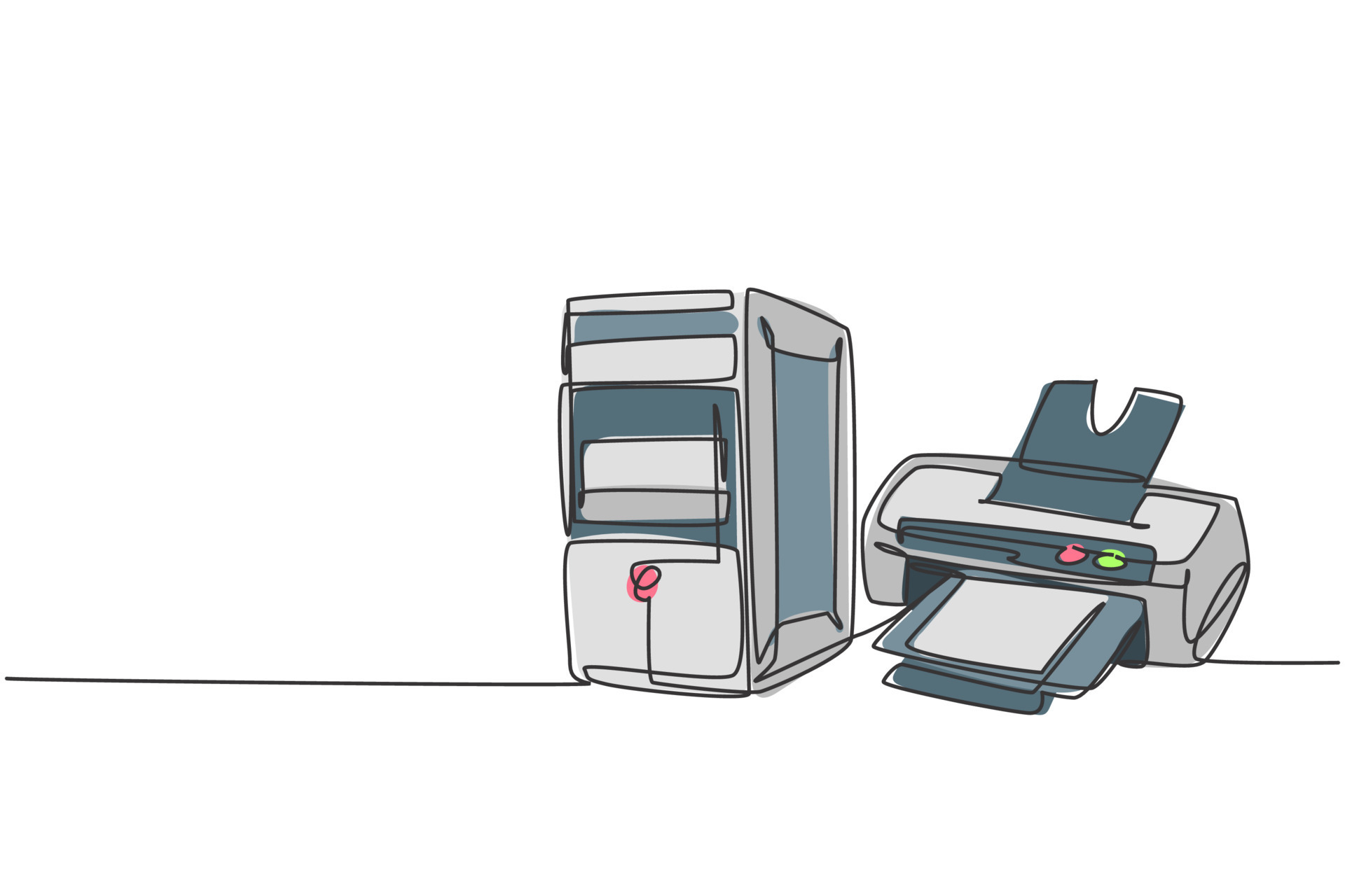 One single line drawing of cpu computer with inkjet printer for small