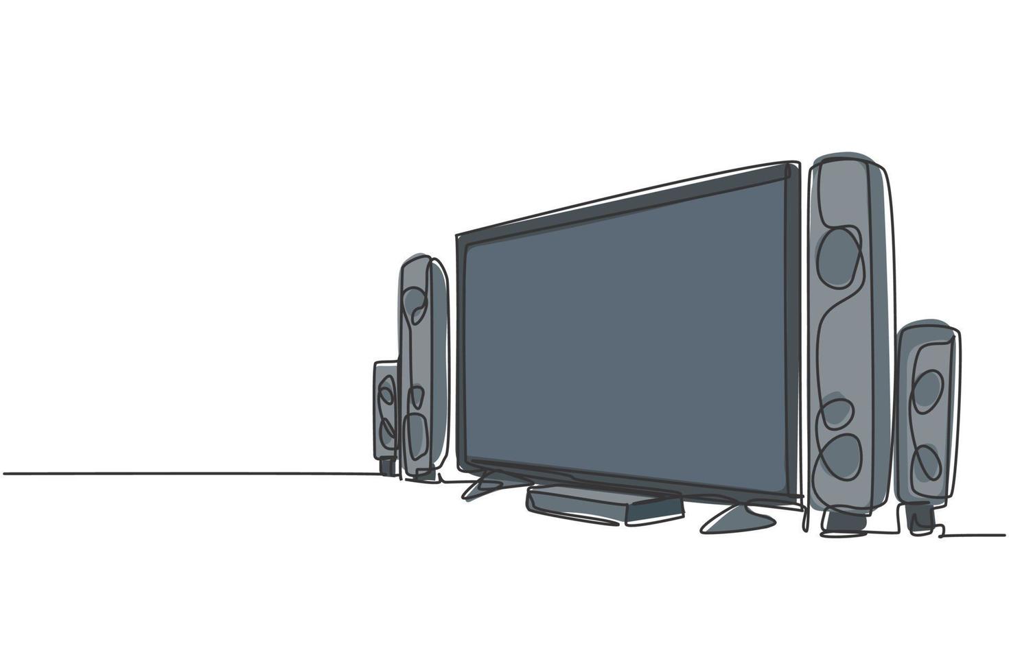 Single continuous line drawing of luxury expensive home theater with great speaker sound system. Electronic living room home appliance concept. Modern one line draw design graphic vector illustration