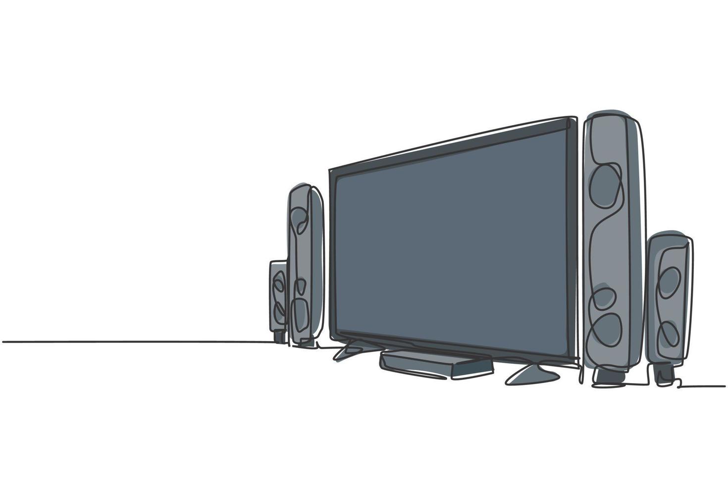 dibujo de una sola línea continua de un cine en casa lujoso y caro con un gran sistema de sonido de altavoces. concepto de electrodomésticos de sala de estar electrónica. Ilustración de vector gráfico de diseño de dibujo de una línea moderna