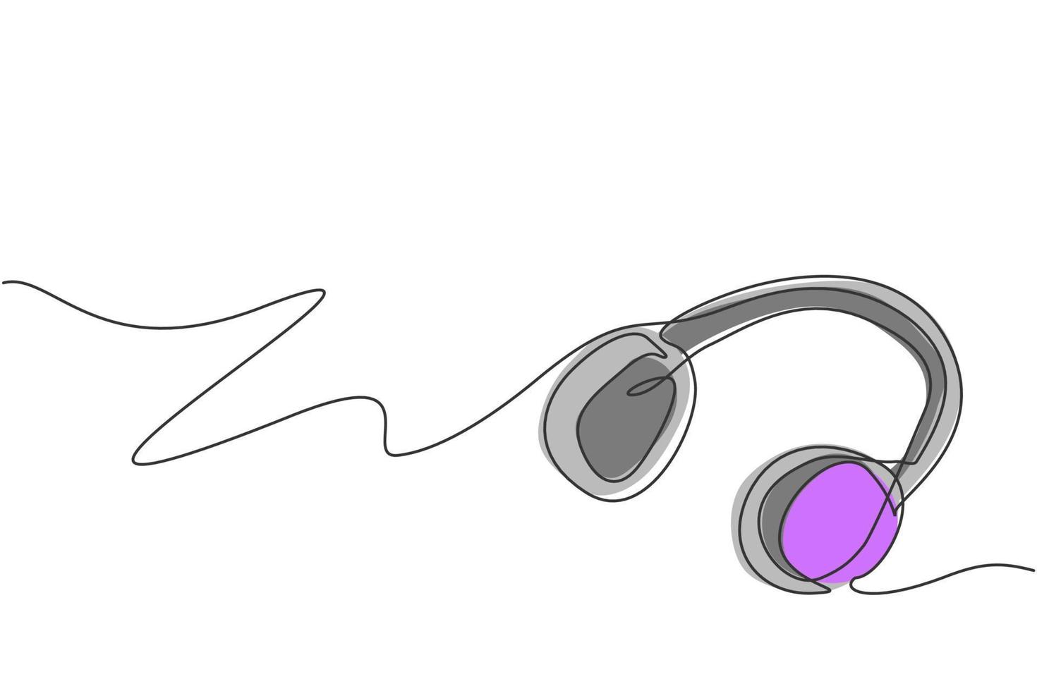 One continuous line drawing of retro headphone for listening music. Musical equipment accessory gadget concept. Trendy single line draw design vector graphic illustration