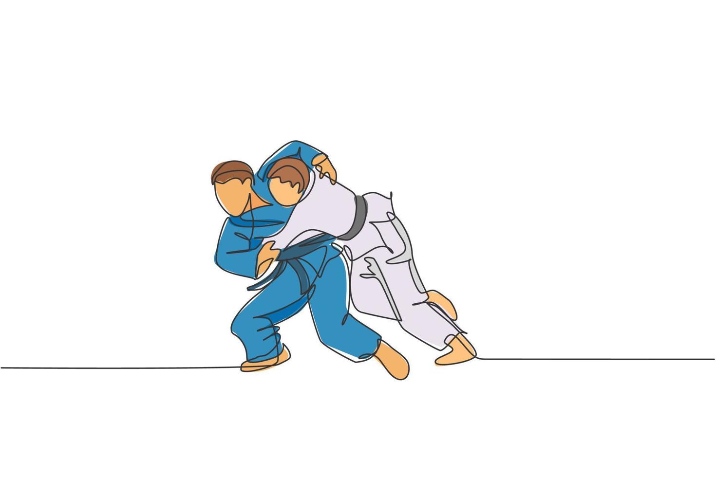 Single continuous line drawing of two young sportive judoka fighter men practice judo skill at dojo gym center. Fighting jujitsu, aikido sport concept. Trendy one line draw design vector illustration