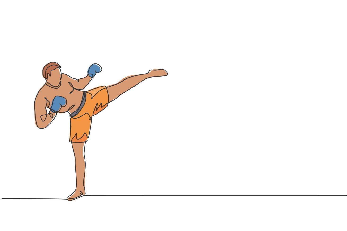 un dibujo de línea continua de un joven deportista kickboxer entrenando una poderosa postura de patada en el centro de gimnasio. concepto de deporte de kickboxing combativo. Ilustración de vector de diseño de dibujo de línea única dinámica