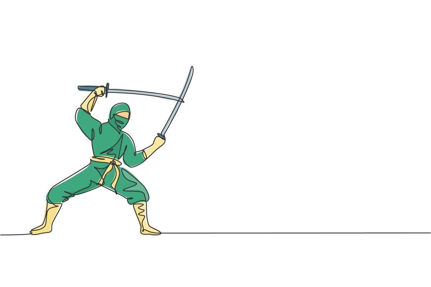 un dibujo de una sola línea de un joven ninja tradicional japonés enérgico sosteniendo espadas samurai en la ilustración vectorial de pose de ataque. concepto de deporte de artes marciales combativas. diseño moderno de dibujo de línea continua vector