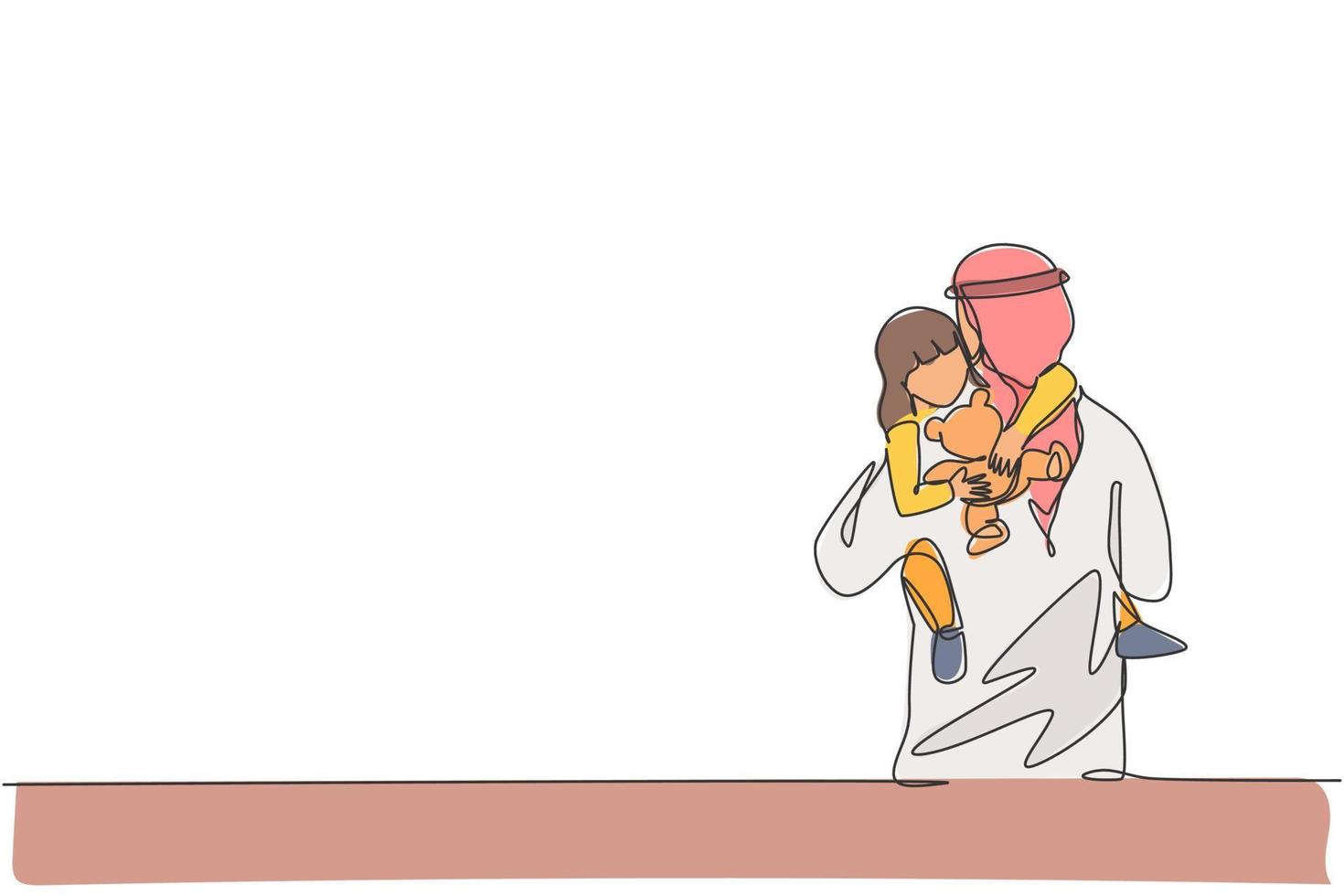 dibujo de una sola línea continua de un joven padre islámico abrazando a su hija adormilada mientras sostiene una muñeca de juguete. concepto de crianza de los hijos de la familia feliz musulmana árabe. Ilustración de vector de diseño de dibujo de una línea