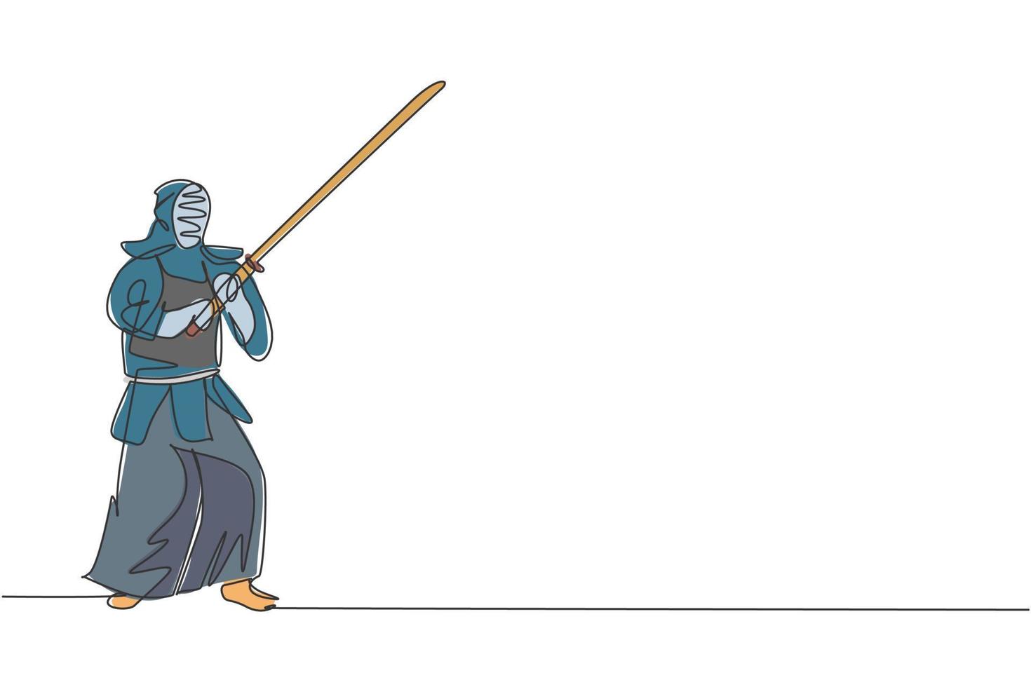 One single line drawing of young energetic man exercise kendo stance with wooden sword at gym center graphic vector illustration. Combative fight sport concept. Modern continuous line draw design