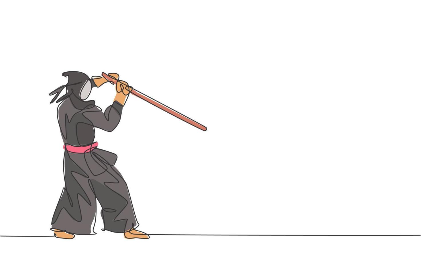 dibujo de una sola línea continua de un joven deportista que practica la habilidad de arte marcial de defensa de kendo en el centro deportivo del gimnasio. concepto de deporte de lucha. gráfico de ilustración vectorial de diseño de dibujo de una línea de moda vector