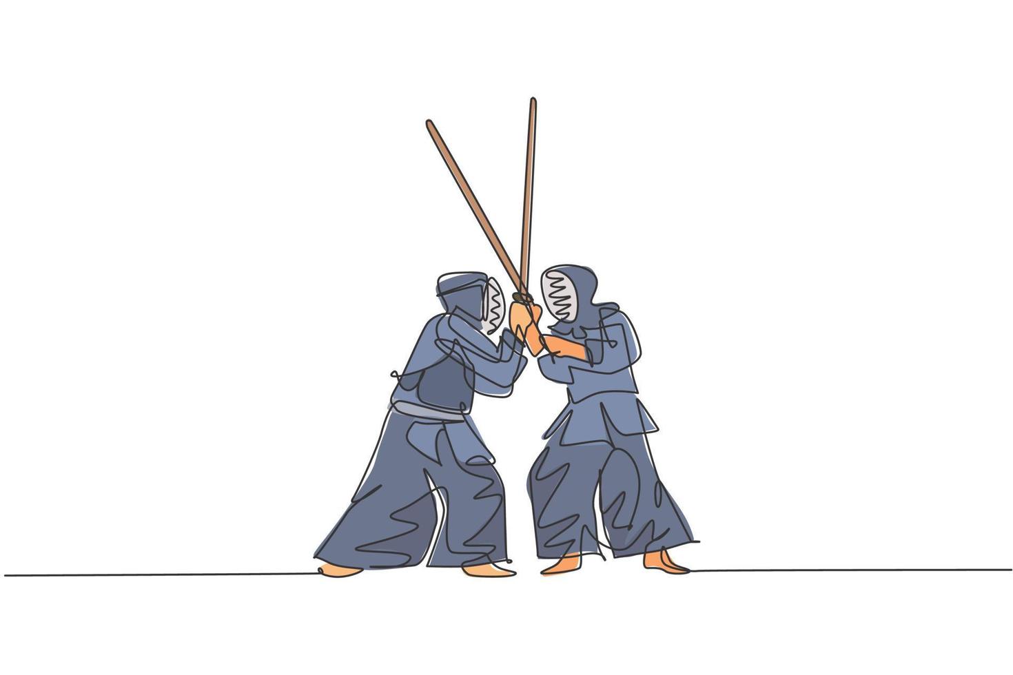 One single line drawing of two young energetic man exercise sparring fight kendo with wooden sword at gym center vector illustration. Combative fight sport concept. Modern continuous line draw design