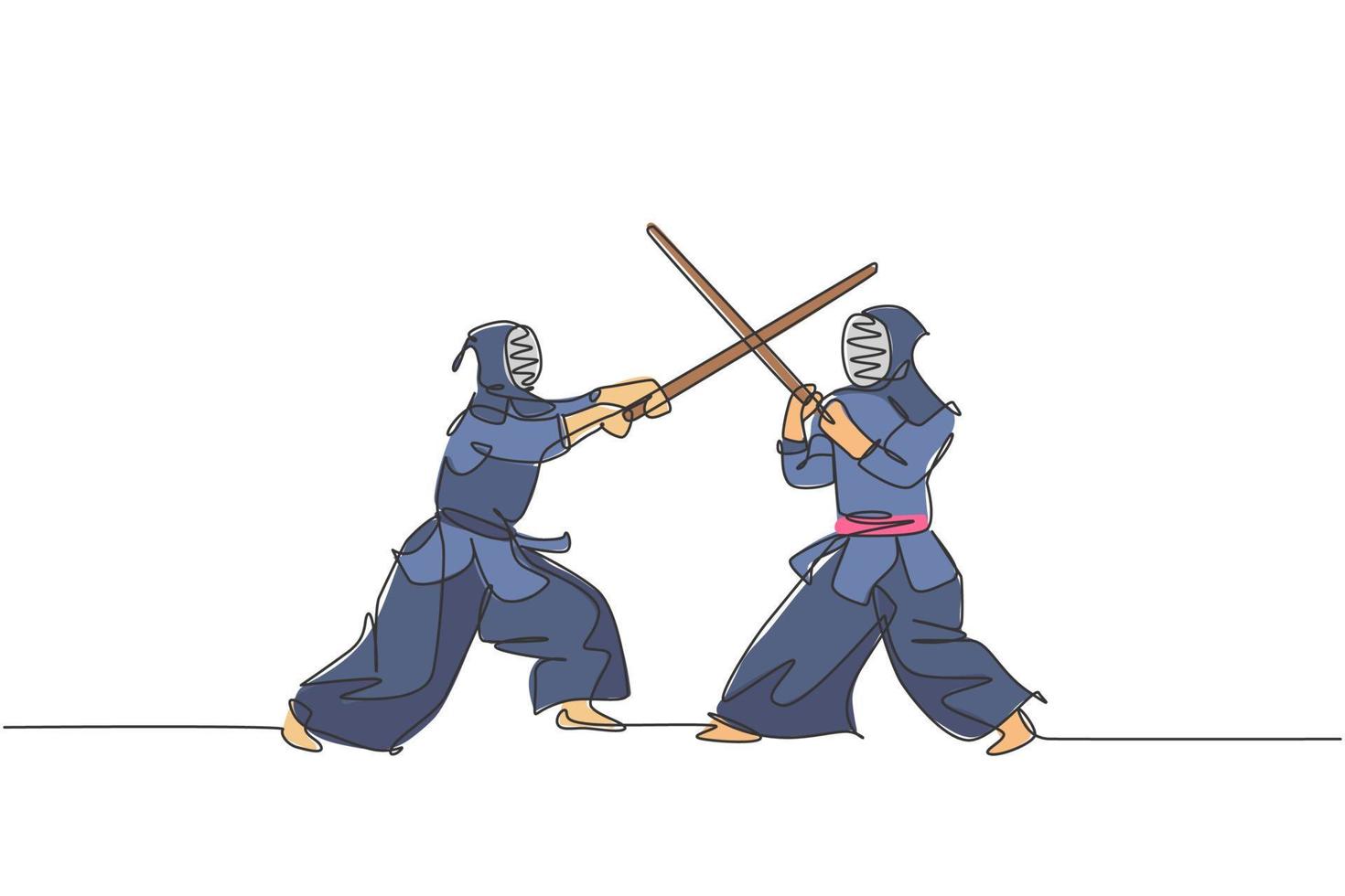 Single continuous line drawing of young sportive men practicing kendo martial art skill on gym sport center. Sparring partner. Fighting sport concept. Trendy one line draw design vector illustration