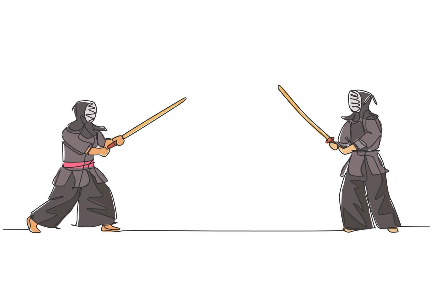 Single continuous line drawing of young sportive man practicing kendo basic skill, stance before fight on gym sport center. Fighting sport concept. Trendy one line draw design vector illustration