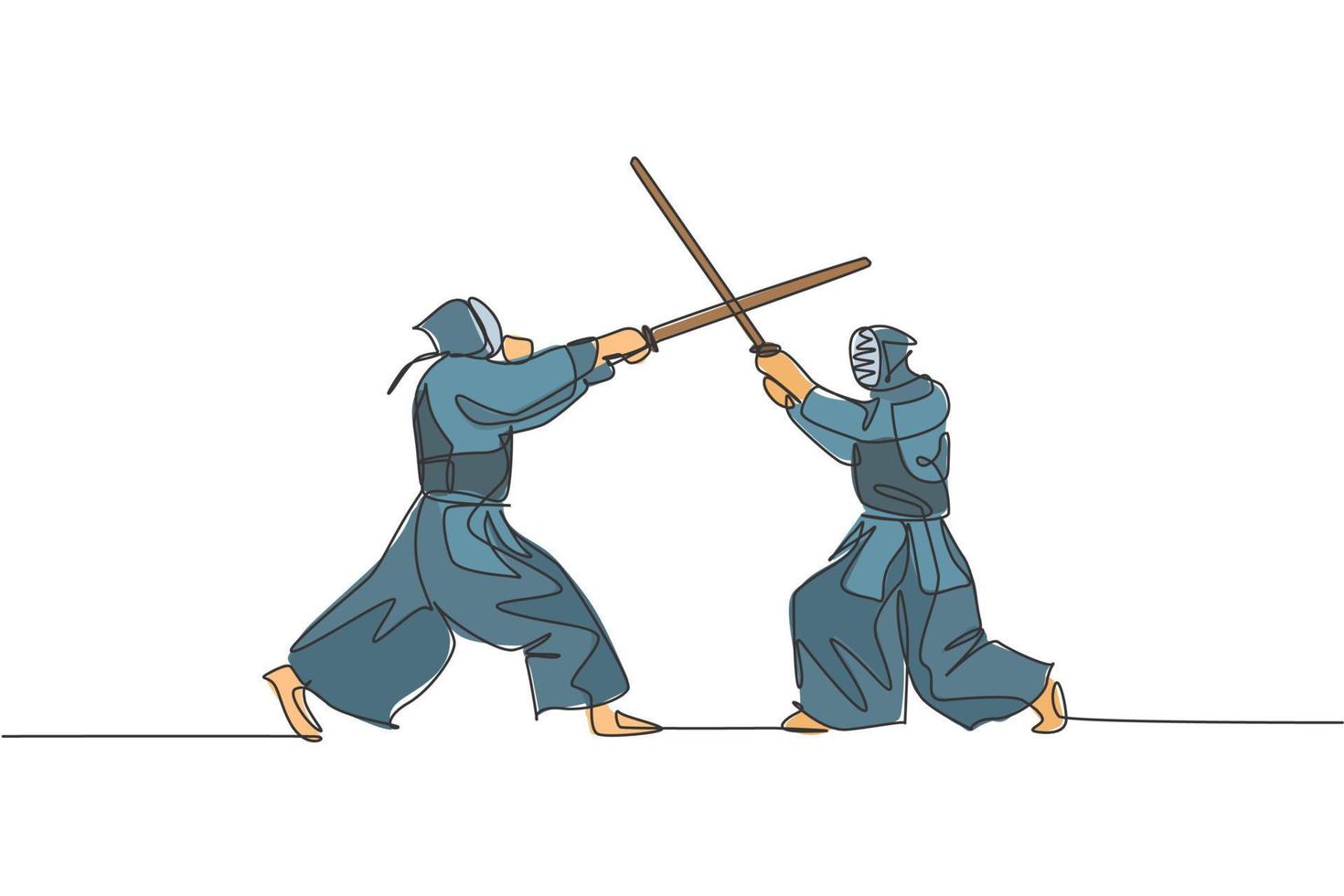 una línea continua dibujando a dos jóvenes que luchan por obtener la habilidad del título de campeonato de kendo en el centro del dojo. concepto de deporte de arte marcial saludable. Ilustración de vector de diseño gráfico de dibujo de línea única dinámica