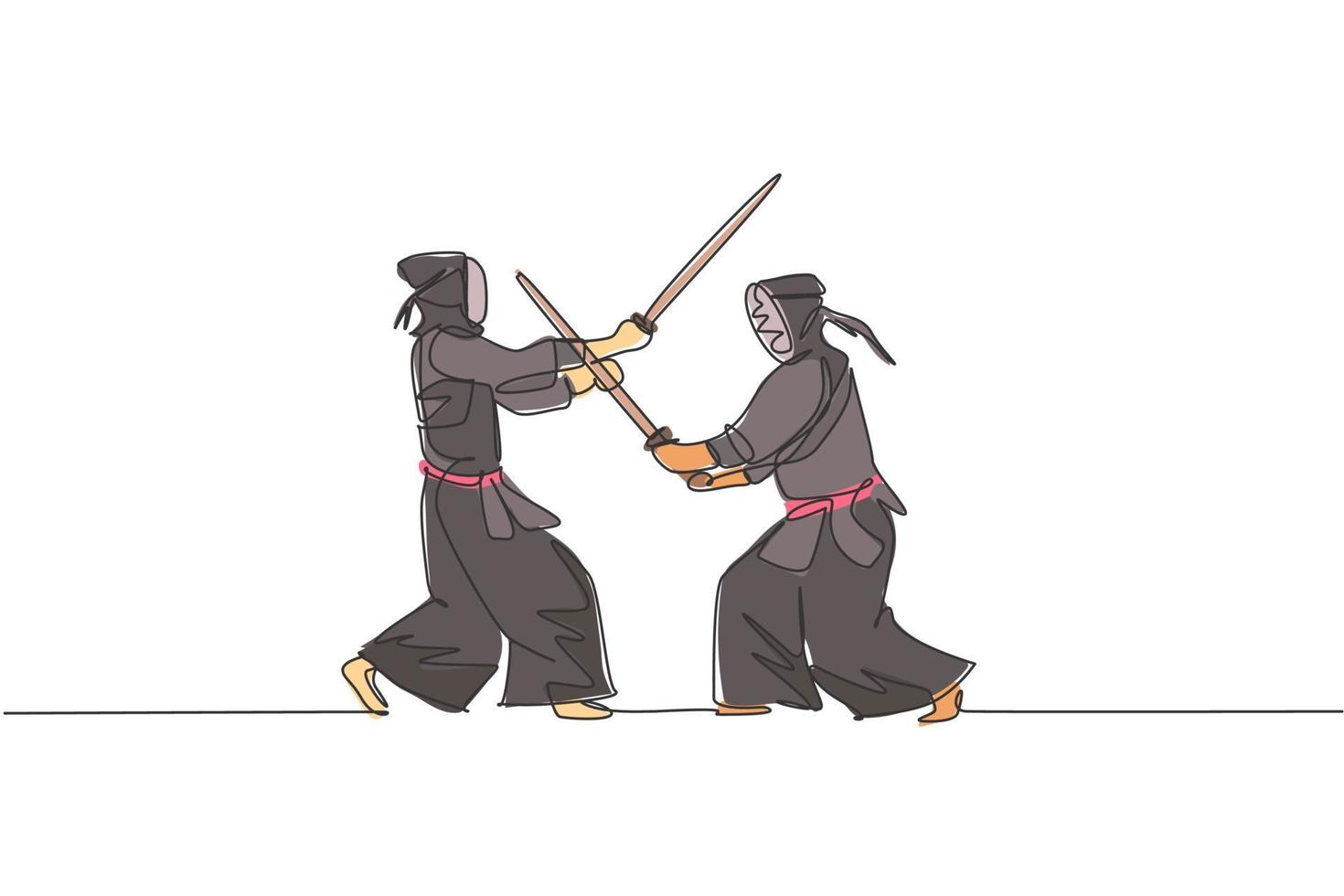 One continuous line drawing of two young sporty men spare fighting kendo to improve skill in dojo center. Healthy martial art sport concept. Dynamic single line draw graphic design vector illustration