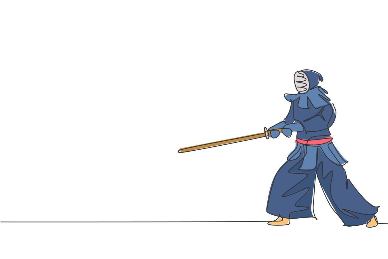 dibujo de una sola línea continua de un joven deportivo que practica la habilidad de arte marcial de la posición de kendo en el centro deportivo del gimnasio. concepto de deporte de lucha. ilustración de vector de diseño de dibujo de una línea de moda