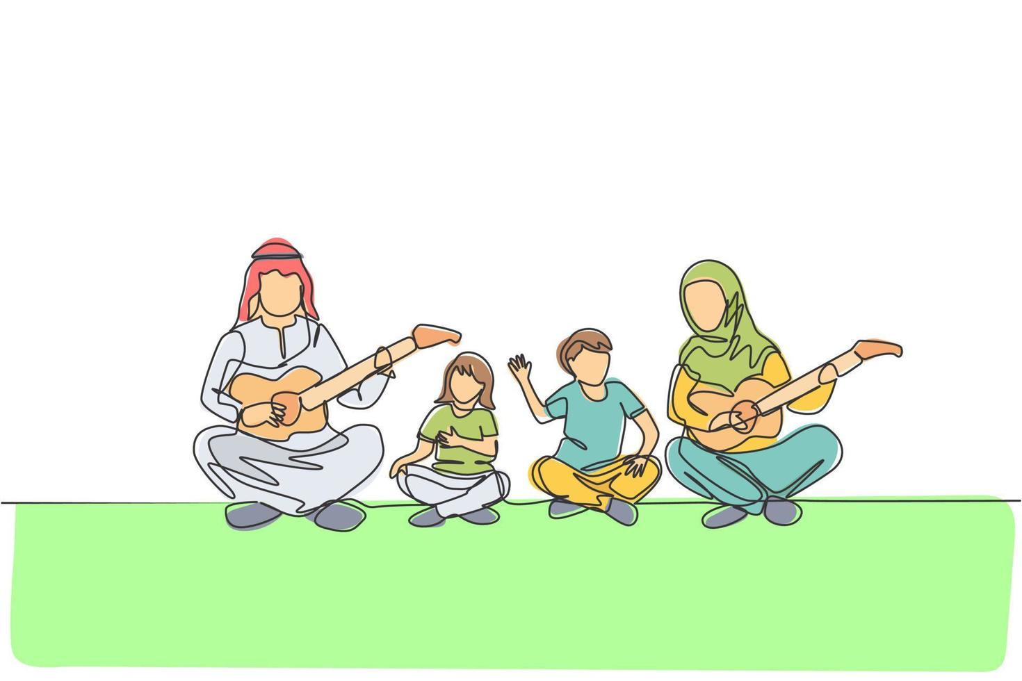 Single continuous line drawing of young Arabian couple playing gutiae and singing together with kids. Islamic muslim happy family parenthood concept. Trendy one line draw design vector illustration