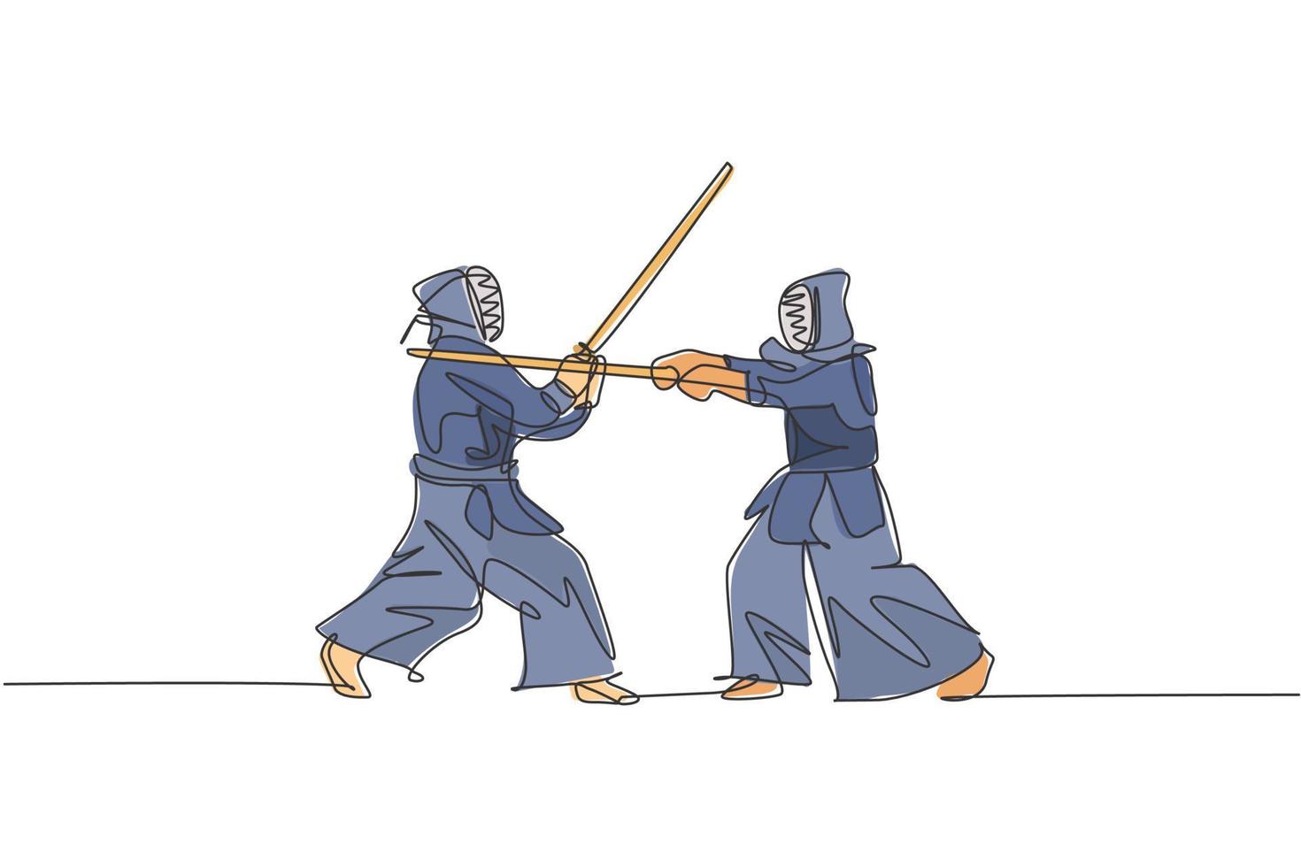 Single continuous line drawing of two young sportive men practicing kendo martial art skill on gym sport center. Sparring fight. Fighting sport concept. Trendy one line draw design vector illustration