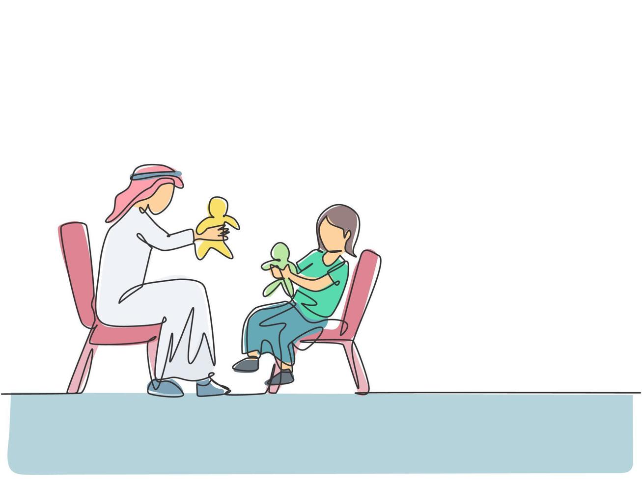 One continuous line drawing of young Arabian dad and daughter playing doll to wait fasting break. Happy Islamic muslim parenting family concept. Dynamic single line draw design vector illustration