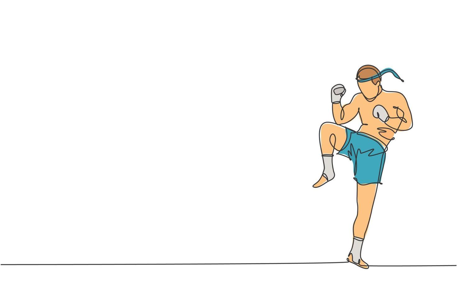un dibujo de una sola línea de un joven y enérgico luchador de muay thai haciendo ejercicio en el gimnasio gráfico de ilustración vectorial del centro de fitness. concepto de deporte de boxeo tailandés combativo. diseño moderno de dibujo de línea continua vector