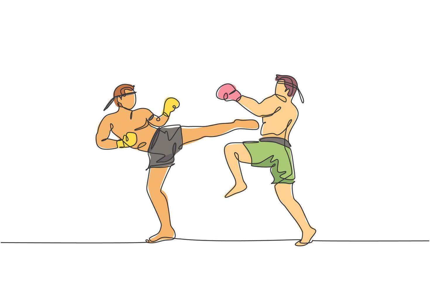 un dibujo de línea continua de dos jóvenes boxeadores muay thai deportivos pateando duro a un compañero de lucha en box arena. concepto de juego de deporte de lucha. Ilustración de vector de diseño de dibujo de línea única dinámica