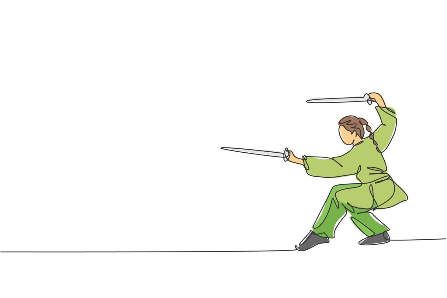 dibujo de una sola línea continua de una joven luchadora de wushu, maestra de kung fu en entrenamiento uniforme con espadas en el centro dojo. concepto de concurso de lucha. ilustración de vector de diseño de dibujo de una línea de moda