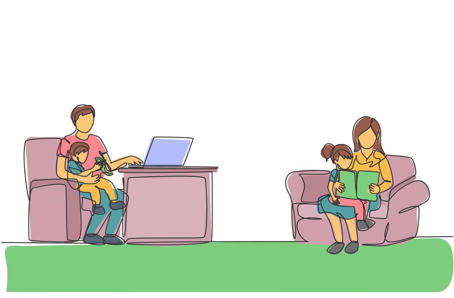 One continuous line drawing of young mother reading book to daughter and mother typing on laptop at home. Happy family parenting concept. Dynamic single line draw design vector illustration