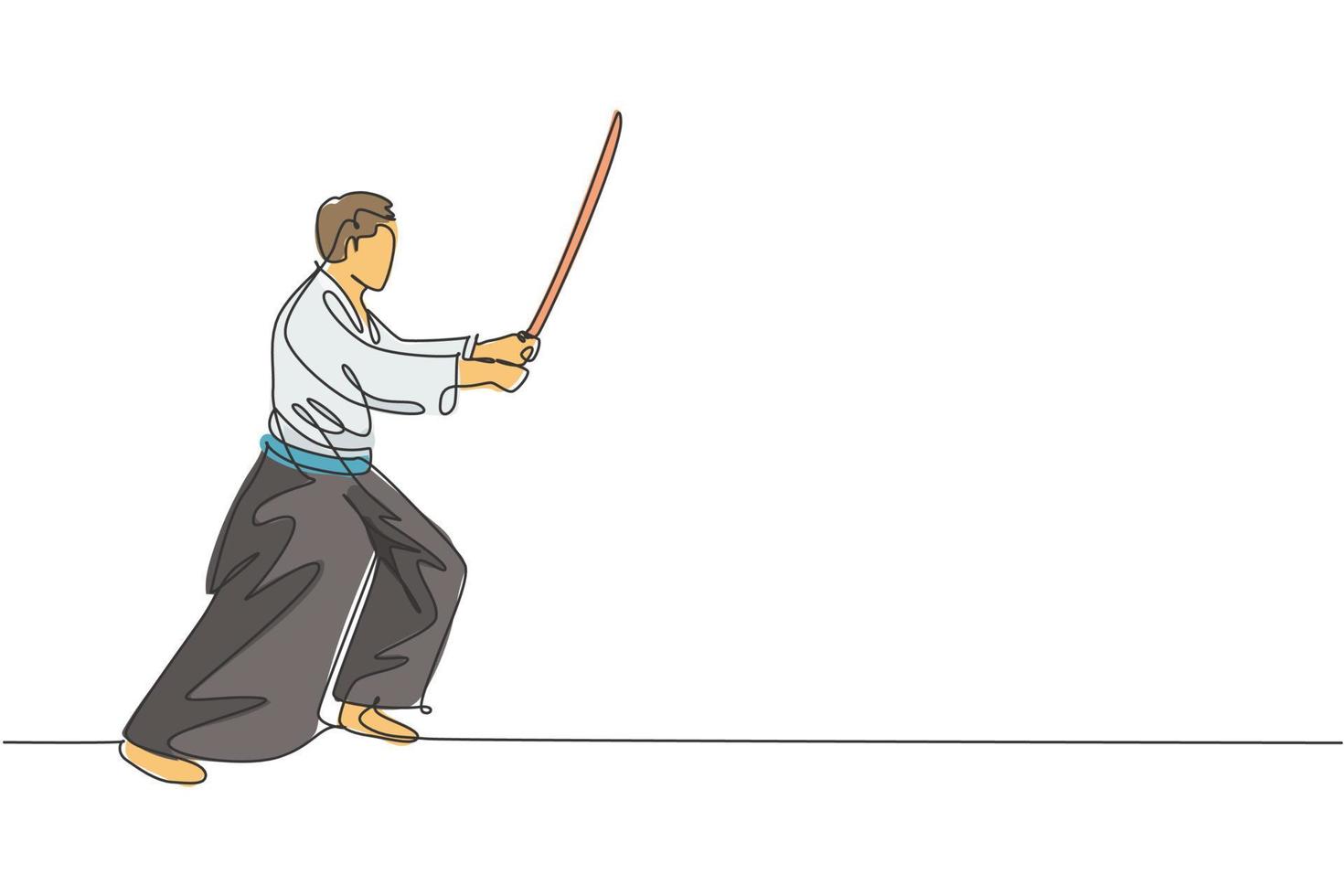 Single continuous line drawing of young sportive man wearing kimono practice aikido fighting technique with wooden sword. Japanese martial art concept. Trendy one line draw design vector illustration