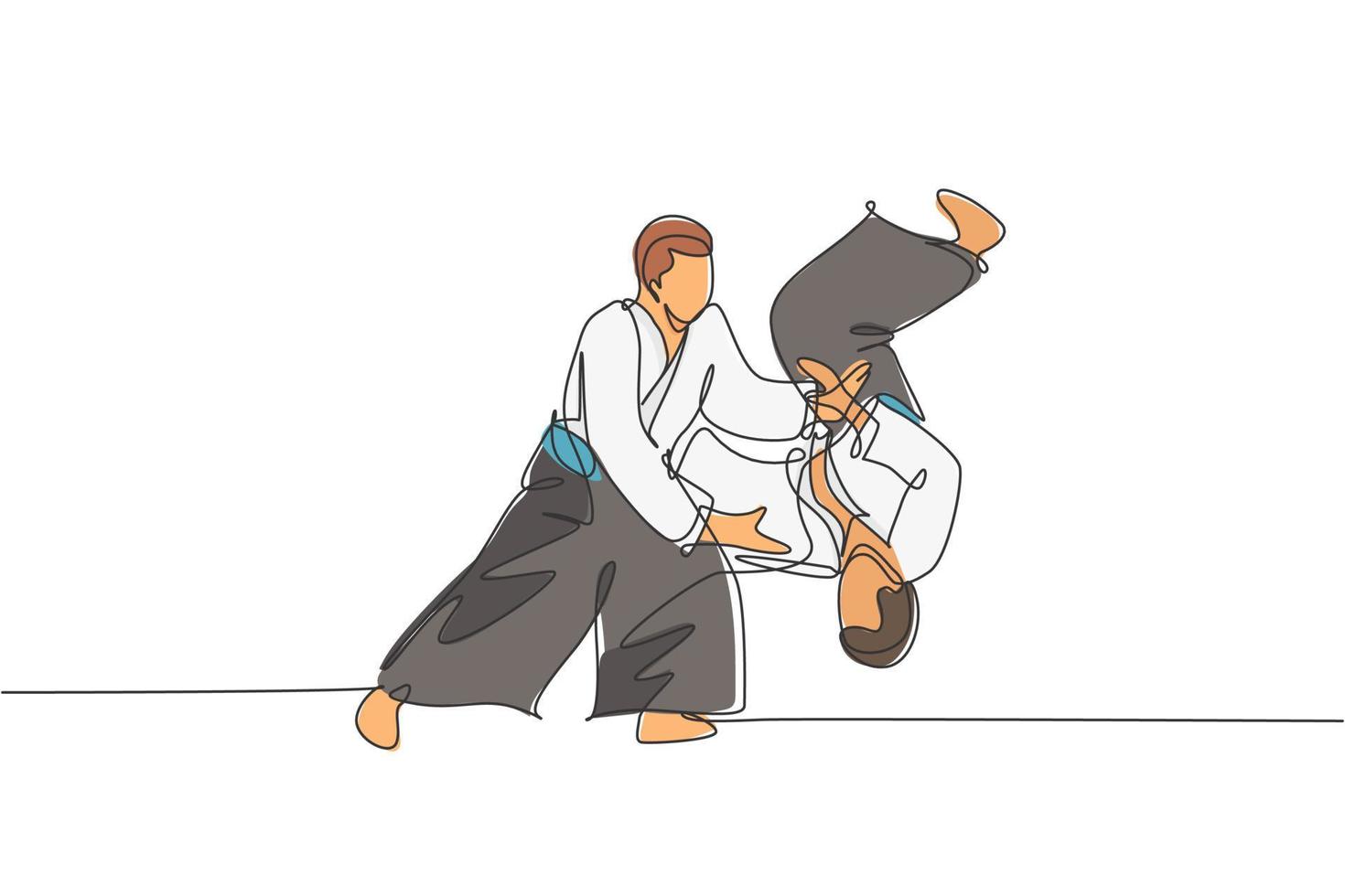 dibujo de línea continua única de joven deportista con kimono practica lanzando enemigos en la técnica de lucha de aikido. concepto de arte marcial japonés. Ilustración de vector de diseño de dibujo de una línea de moda