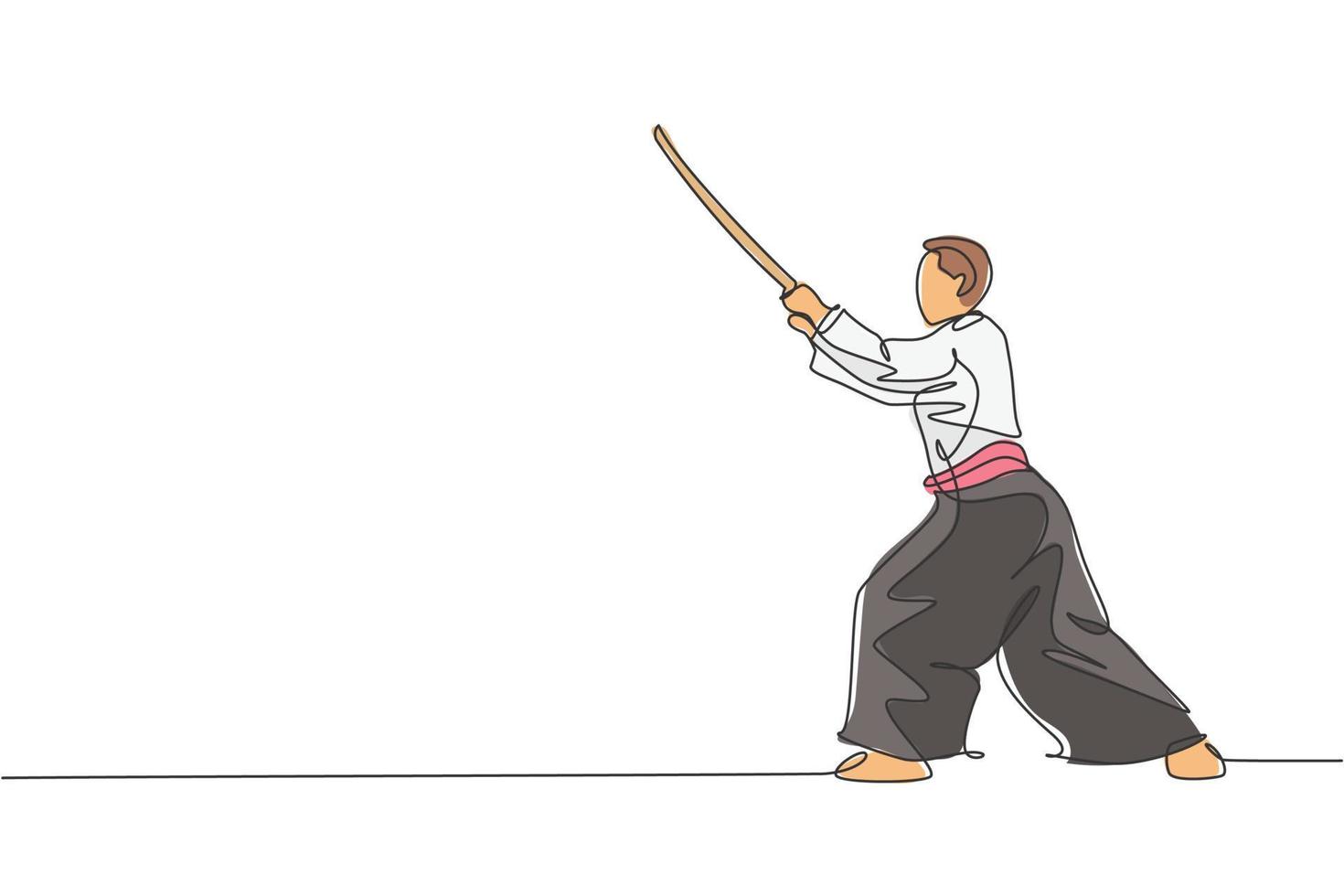 Single continuous line drawing of young sportive man wearing kimono practice aikido with wooden sword fighting technique. Japanese martial art concept. Trendy one line draw design vector illustration