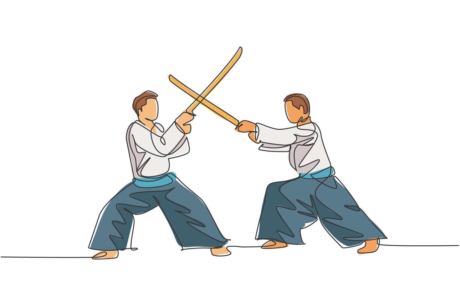 Un solo dibujo de línea de un joven enérgico con kimono ejercicio lucha de aikido con espada de madera en la ilustración de vector de pabellón de deportes. concepto de deporte de estilo de vida saludable. diseño de dibujo de línea continua