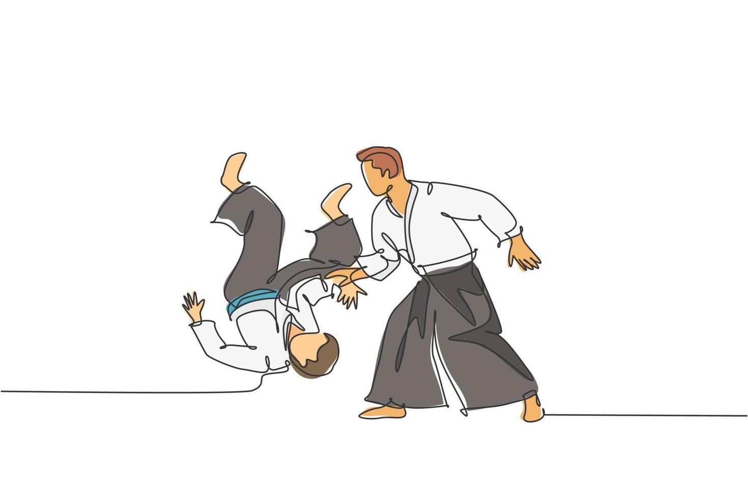 un dibujo de línea continua de un joven luchador de aikido practica la técnica de lucha en el centro de entrenamiento del dojo. concepto de deporte combativo de artes marciales. Ilustración de vector de diseño de dibujo de línea única dinámica
