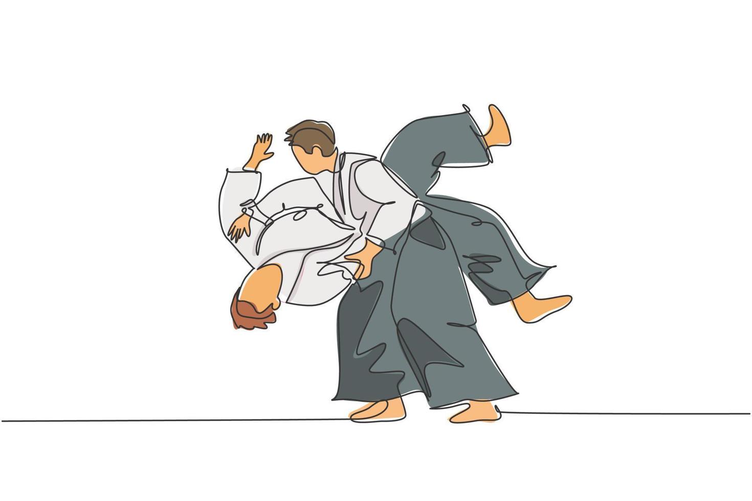 Single continuous line drawing of two young sportive man wearing kimono practice slamming in aikido fighting technique. Japanese martial art concept. Trendy one line draw design vector illustration
