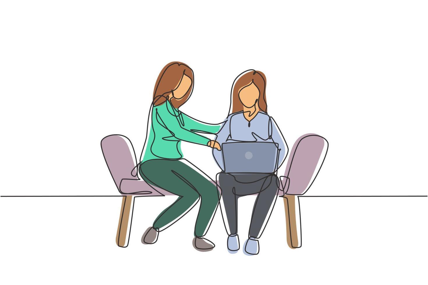 Continuous one line drawing two female with laptop sitting on the chairs together. Freelance, distance learning, online courses, studying concept. Single line draw design vector graphic illustration