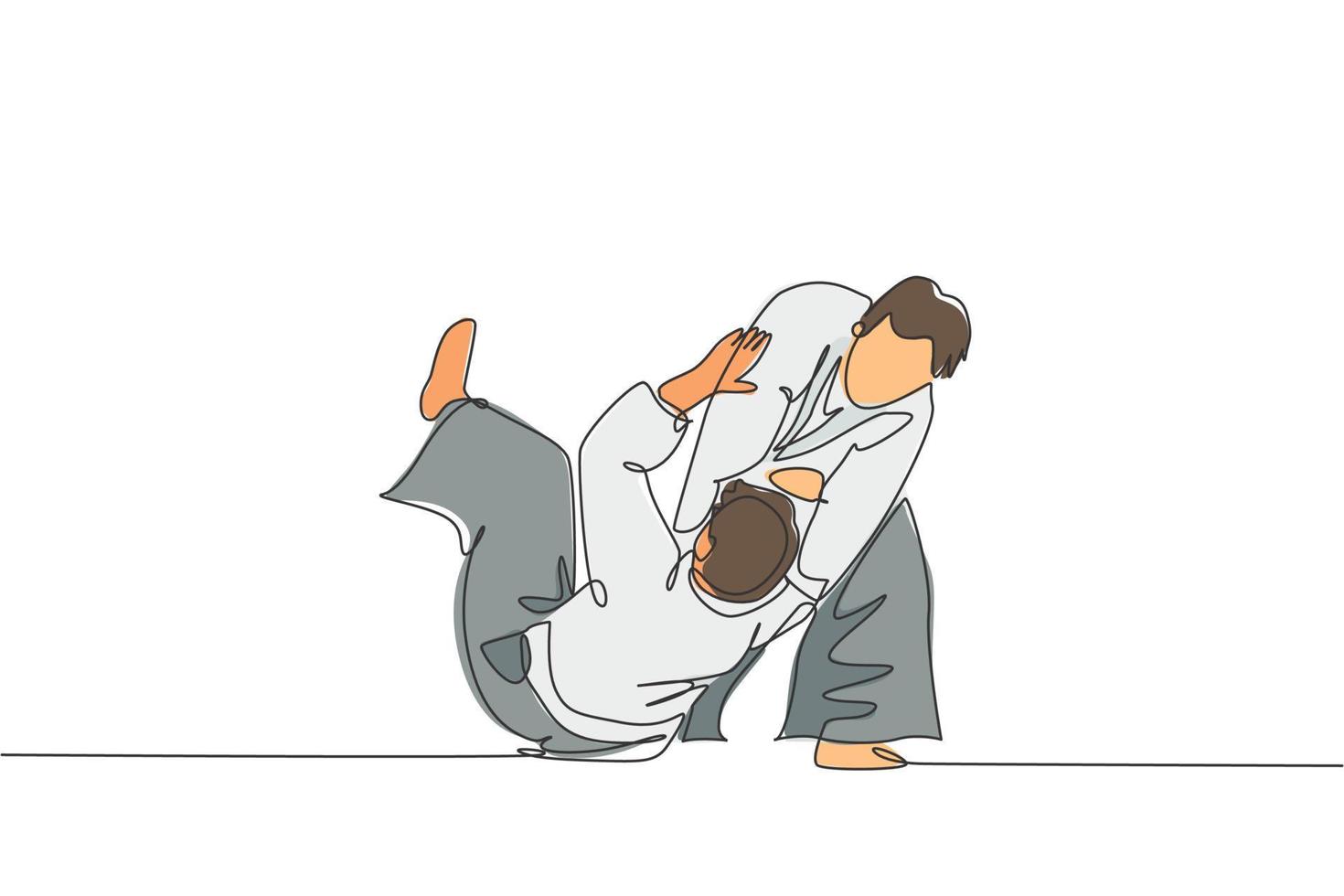 One single line drawing of two young energetic men wearing kimono exercise aikido throw technique in sport hall vector illustration. Healthy lifestyle sport concept. Modern continuous line draw design