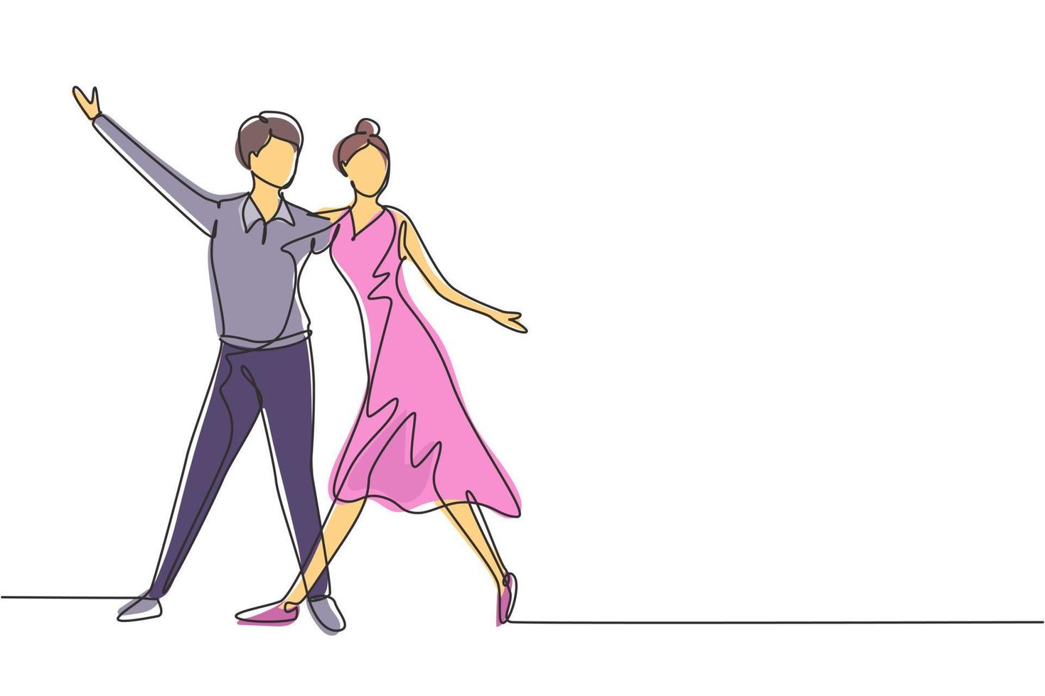 Continuous one line drawing male female professional dancer couple dancing tango, waltz dances together on dancing contest dancefloor. Fun activity. Single line draw design vector graphic illustration