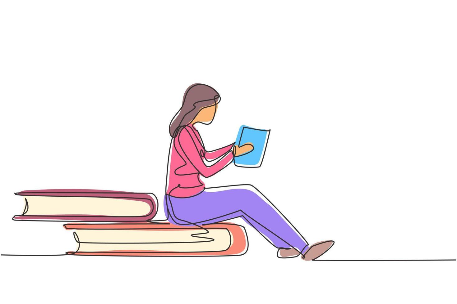 Continuous one line drawing young woman reading, learning and sitting on big books. Study in library. Literature lovers, student, education concept. Single line draw design vector graphic illustration