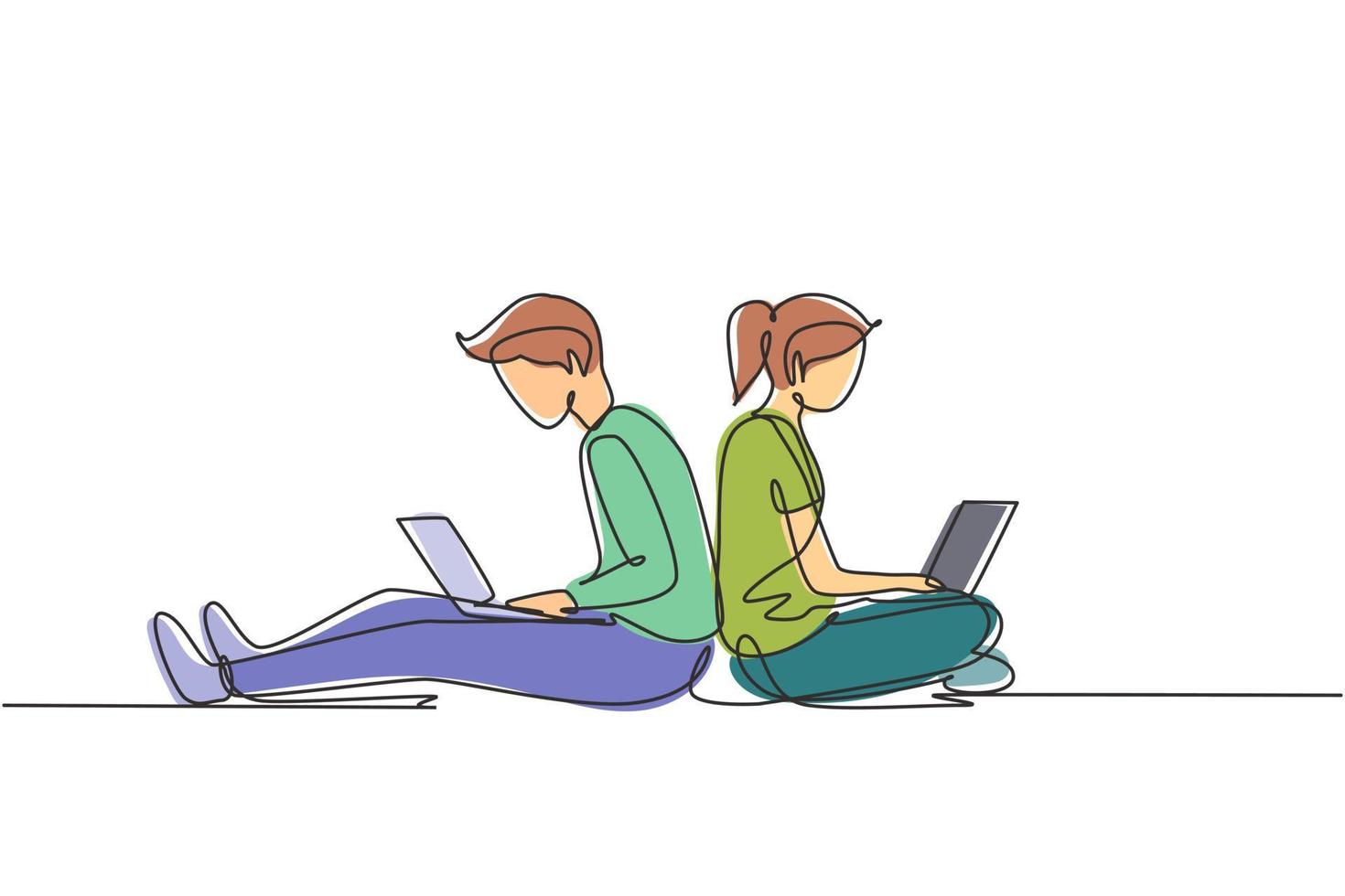Continuous one line drawing couple with laptop sitting and lean on each other. Freelance, distance learning, online courses, and studying concept. Single line draw design vector graphic illustration