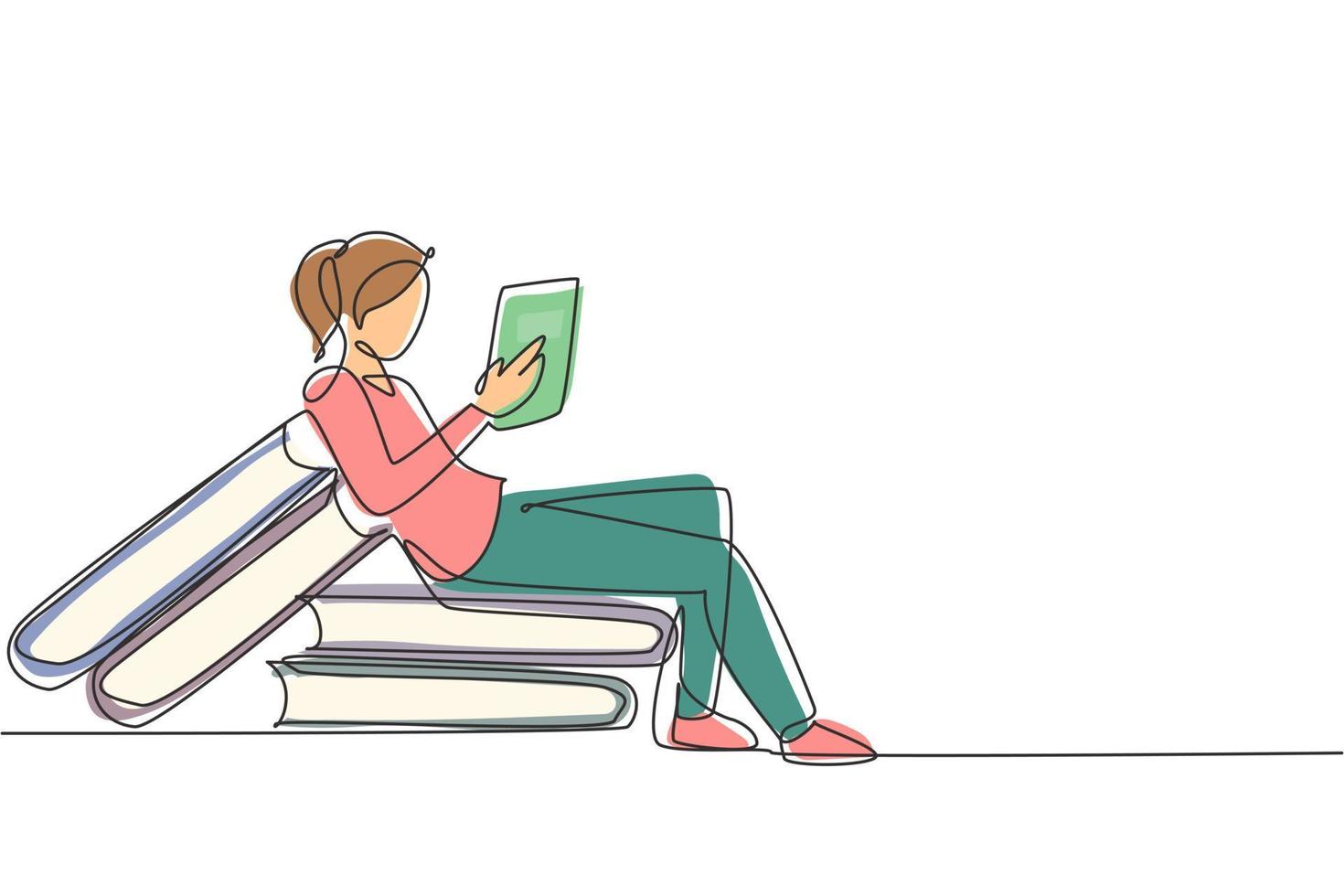 dibujo de línea continua única mujer joven leyendo, aprendiendo y sentado en libros grandes. estudiar en biblioteca. fanáticos de la literatura, estudiante, concepto de educación. Ilustración de vector de diseño gráfico de dibujo de una línea