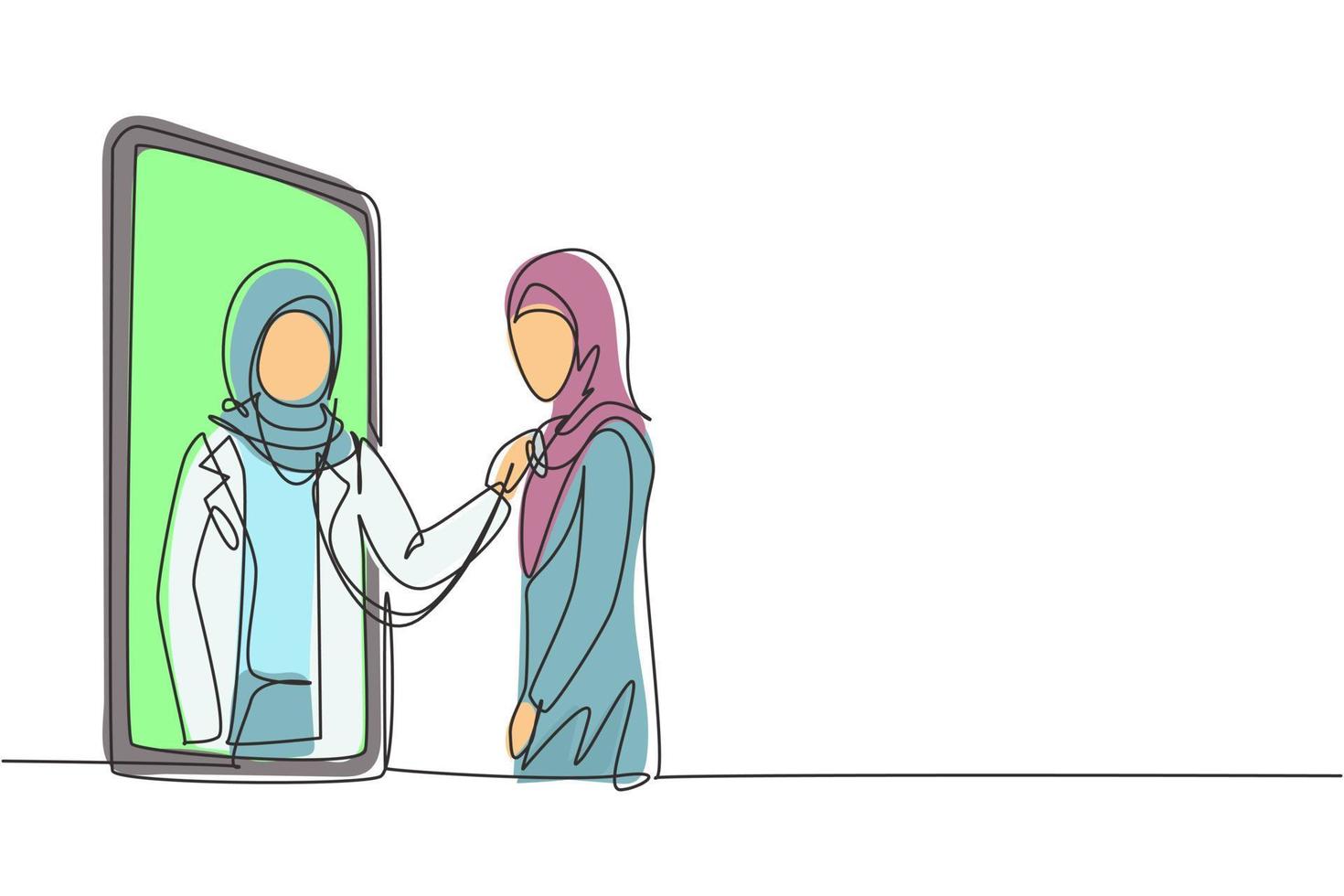 Single continuous line drawing hijab female doctor comes out of smartphone screen and checks female patient's heart rate using a stethoscope. Dynamic one line draw graphic design vector illustration